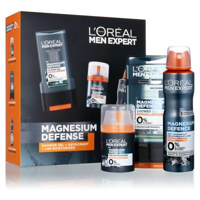 L&#039;Oréal Paris Men Expert Magnesium Defence Poklon set dnevna krema za lice Men Expert Magnesium Defense 24h Moisturizer 50 ml + dezodorans Men Expert Magnesium Defense 150 ml + gel za tuširanje Men Expert Magnesium Defence Shower Gel 300 ml