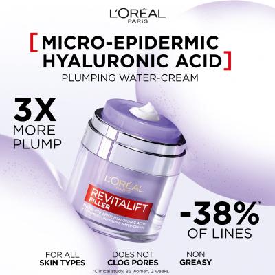 L&#039;Oréal Paris Revitalift Filler HA Plumping Water-Cream Dnevna krema za lice za žene 50 ml