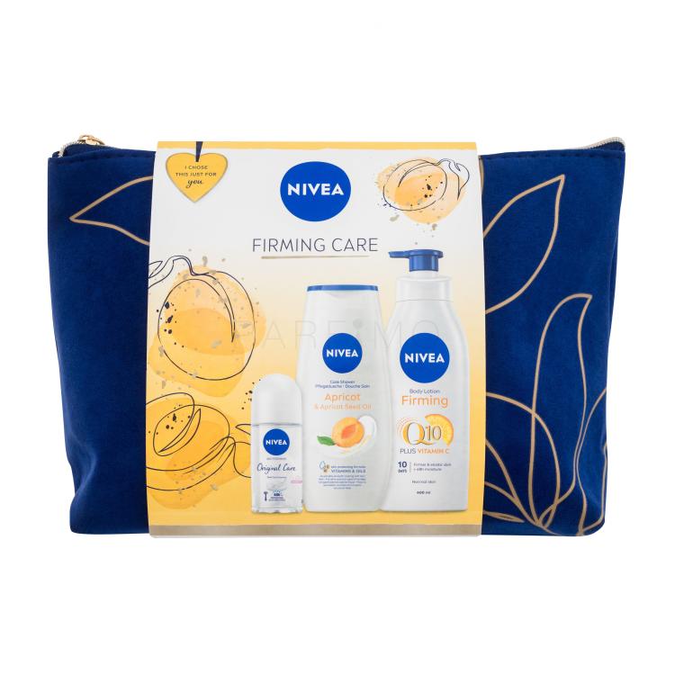 Nivea Firming Care Poklon set losion za tijelo Q10 400 ml + gel za tuširanje Apricot 250 ml + antiperspirant Original Care 50 ml + kozmetička torbica