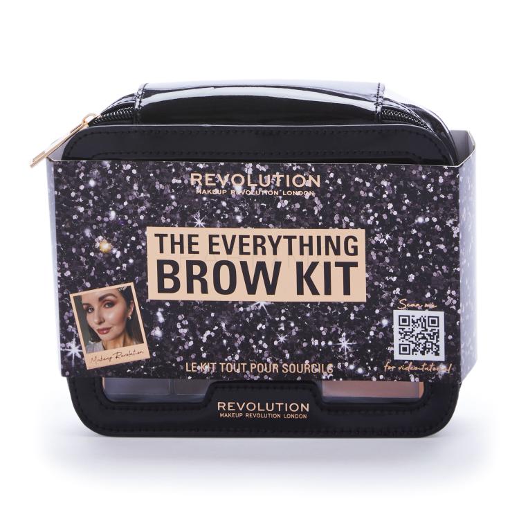 Makeup Revolution London The Everything Brow Kit Poklon set paleta za obrve Eyebrow Palette 13,8 g + pomada za obrve Soap Styler Stick 0,12 g + olovka za obrve Brow Defining Pencil 1,15 g + gel za obrve Clear Brow Gel 3,5 ml + pinceta + kozmetička četkica 2 kom + kozmetička torbica