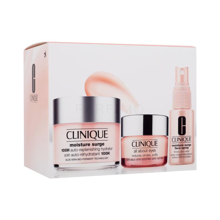 Clinique Moisture Surge Ultra Hydration Travel Exclusive Poklon set dnevna krema za lice Moisture Surge 100H Auto-Replenishing Hydrator 125 ml + sprej za lice Moisture Surge sprej za lice Thirsty Skin Relief 30 ml + krema za područje oko očiju All About Eyes 15 ml