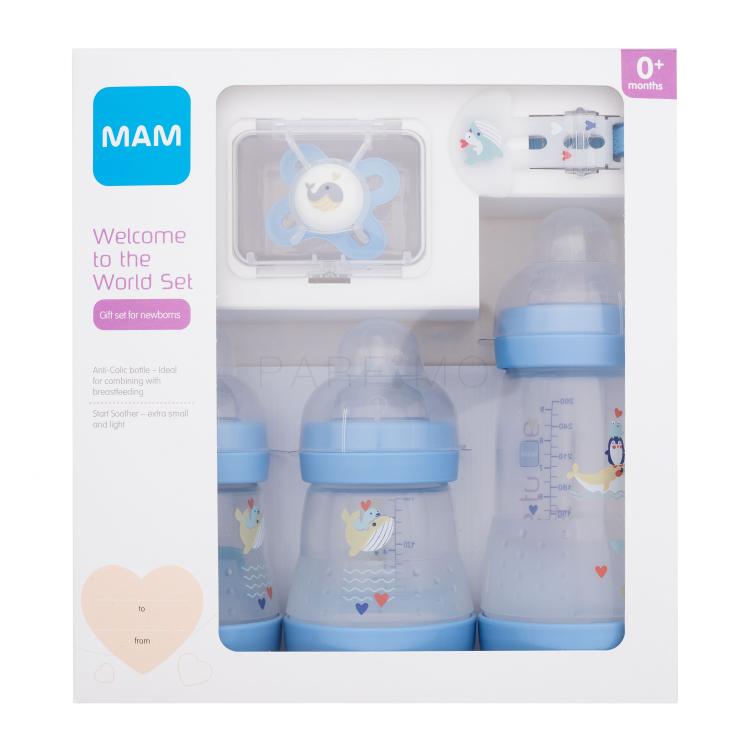 MAM Welcome To The World Set 0m+ Blue Poklon set dječja bočica Anti-Colic 160 ml 2 kom + dječja bočica Anti-Colic 260 ml 1 kom + duda varalica Start 1 kom + traka za dudu varalicu 1 kom