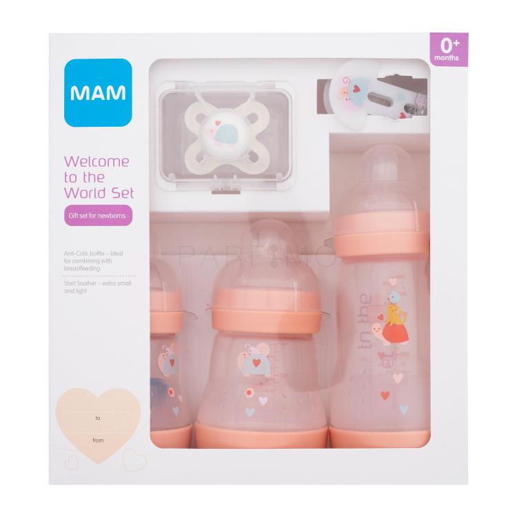 MAM Welcome To The World Set 0m+ Pink Poklon set dječja bočica Anti-Colic 160 ml 2 kom + dječja bočica Anti-Colic 260 ml 1 kom + duda varalica Start 1 kom + traka za dudu varalicu 1 kom