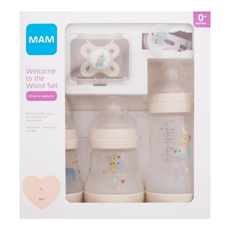 MAM Welcome To The World Set 0m+ Beige Poklon set dječja bočica Anti-Colic 160 ml 2 kom + dječja bočica Anti-Colic 260 ml 1 kom + duda varalica Start 1 kom + traka za dudu varalicu 1 kom