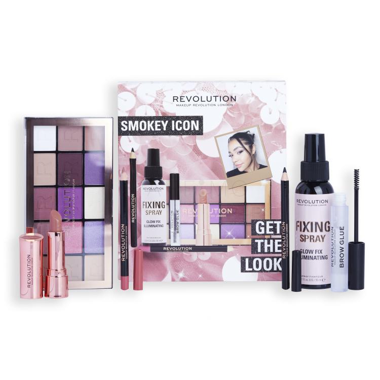 Makeup Revolution London Get The Look Smokey Icon Poklon set paleta sjenila Reloaded Eyeshadow Palette 16,5 g + sprej za fiksiranje Glow Fix Illuminating Fixing Spray 30 ml + olovka za oči Kohl Eyliner 1 g Black + ruž za usne Satin Kiss ruž za usne 3,5 g Chauffeur + gel za obrve Brow Glue 3 ml + olo