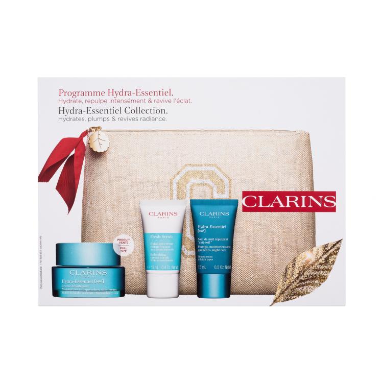 Clarins Hydra-Essentiel [HA²] Collection Poklon set krema za lice Hydra-Essentiel [HA2] Silky Cream 50 ml + piling za lice Fresh Scrub 15 ml + noćna krema Hydra-Essentiel [HA2] Night Care 15 ml + ekološka kozmetička torbica