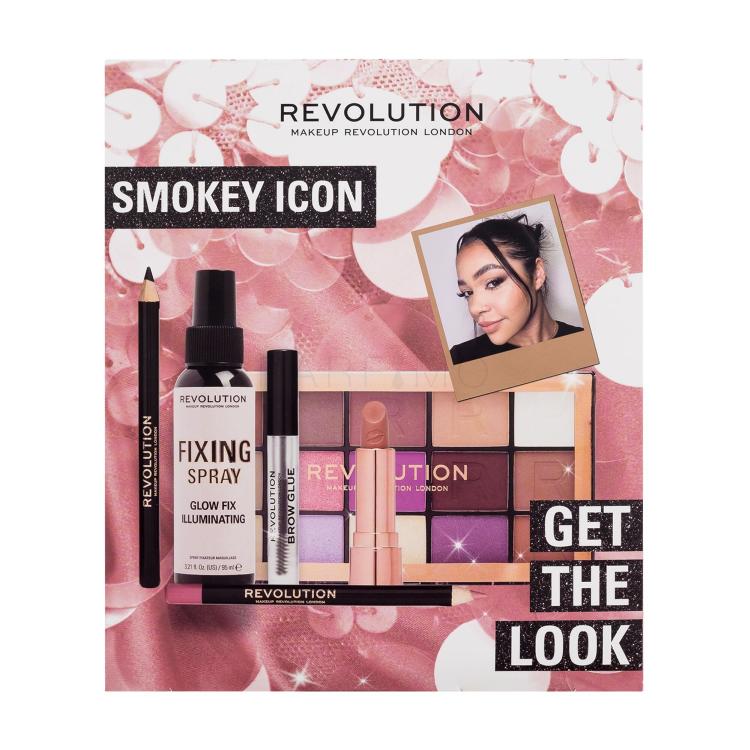 Makeup Revolution London Get The Look Smokey Icon Poklon set paleta sjenila Reloaded Eyeshadow Palette 16,5 g + sprej za fiksiranje Glow Fix Illuminating Fixing Spray 30 ml + olovka za oči Kohl Eyliner 1 g Black + ruž za usne Satin Kiss Lipstick 3,5 g Chauffeur + gel za obrve Brow Glue 3 ml + olovka