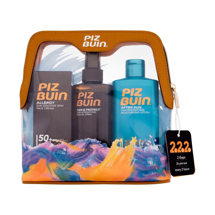 PIZ BUIN Travel Bag Poklon set krema za zaštitu od sunca za lice Allergy Sun Sensitive Skin Face Cream SPF50 50 ml + sprej za zaštitu od sunca za tijelo Tan &amp; Protect Sun Intensifying Sun Oil Spray SPF30 150 ml + losion za poslije sunčanja za tijelo After Sun Intensifying Moisturizing Lotion 200 ml