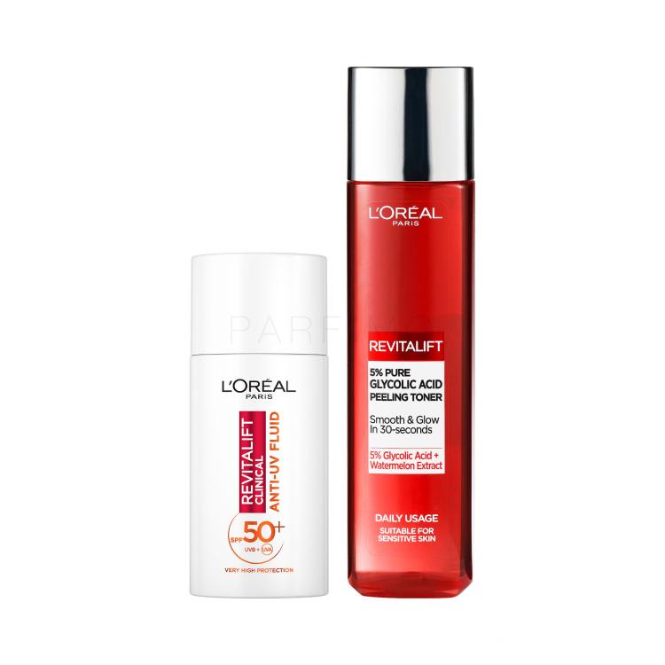 Set Dnevna krema za lice L&#039;Oréal Paris Revitalift Clinical Anti-UV Fluid SPF50+ + Losion i sprej za lice L&#039;Oréal Paris Revitalift 5% Pure Glycolic Acid Peeling Toner