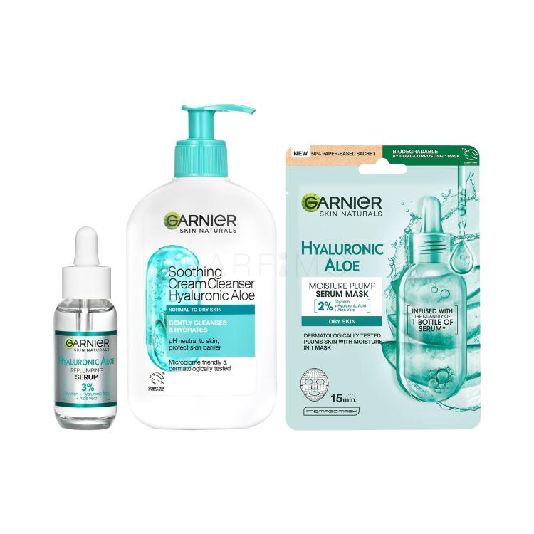 Set Serum za lice Garnier Skin Naturals Hyaluronic Aloe Replumping Super Serum + Maska za lice Garnier Skin Naturals Hyaluronic Aloe Serum Tissue Mask + Krema za čišćenje Garnier Skin Naturals Hyaluronic Aloe Soothing Cream Cleanser