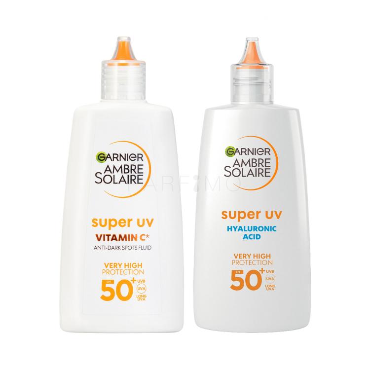 Set Proizvod za zaštitu lica od sunca Garnier Ambre Solaire Super UV Hyaluronic Acid SPF50+ + Proizvod za zaštitu lica od sunca Garnier Ambre Solaire Super UV Vitamin C SPF50+