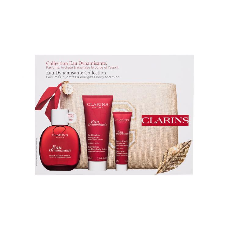 Clarins Eau Dynamisante Poklon set osvježavajuća voda za tijelo 100 ml + losion za tijelo 100 ml + gel za tuširanje 30 ml + kozmetička torbica