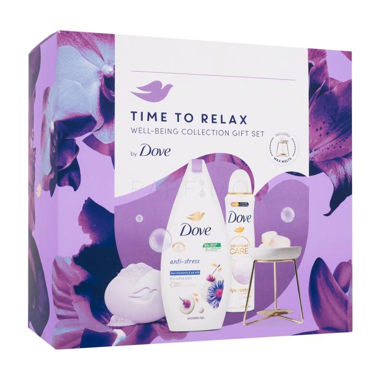 Dove Time To Relax Well-Being Collection Poklon set gel za tuširanje Anti-stress 250 ml + tvrdi sapun Relaxing Bar Soap 90 g + antiperspirant Advanced Care Helps Restore 150 ml + aroma lampa