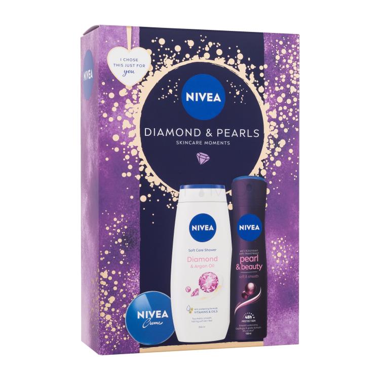 Nivea Diamond &amp; Pearls Poklon set univerzalna krema Creme 30 ml + antiperspirant Pearl &amp; Beauty Black 150 ml + krema za tuširanje Diamond &amp; Argan Oil 250 ml