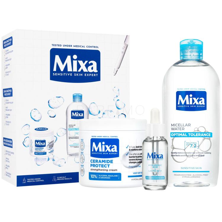 Mixa Hyaluronic Acid + Lactic Acid Anti-Dryness Hydrating Serum Poklon set serum za kožu Hyaluronic Acid Lactic Acid Serum 30 ml + micelarna voda Optimal Tolerance Micellar Water 400 ml + krema za tijelo Ceramide Protect Krema za jačanje 400 ml