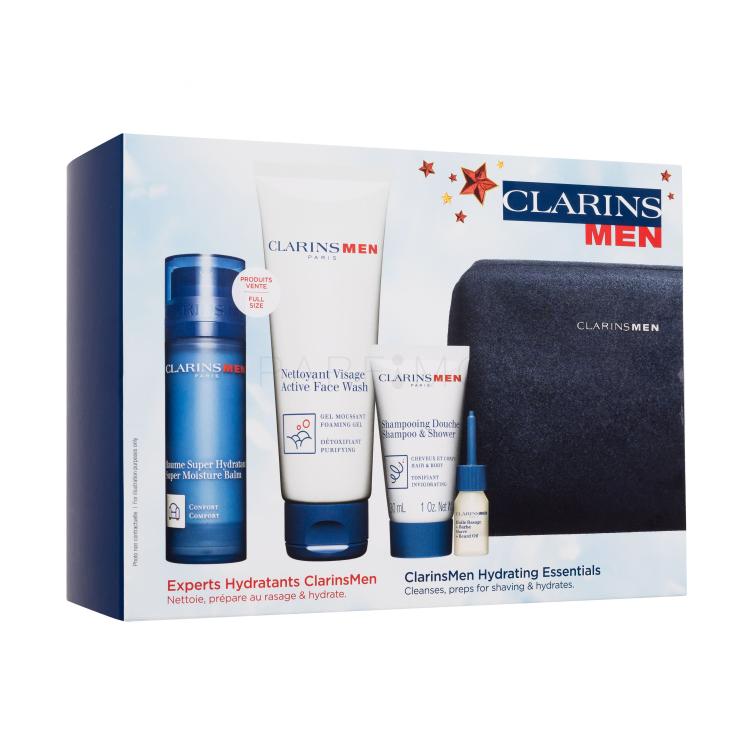 Clarins Men Hydrating Essentials Poklon set balzam za kožu Super Moisture Balm 50 ml + gel za čišćenje Active Face Wash 125 ml + gel za tuširanje Shampoo &amp; Shower 30 ml + ulje za brijanje i bradu Shave &amp; Beard Oil 3 ml + kozmetička torbica