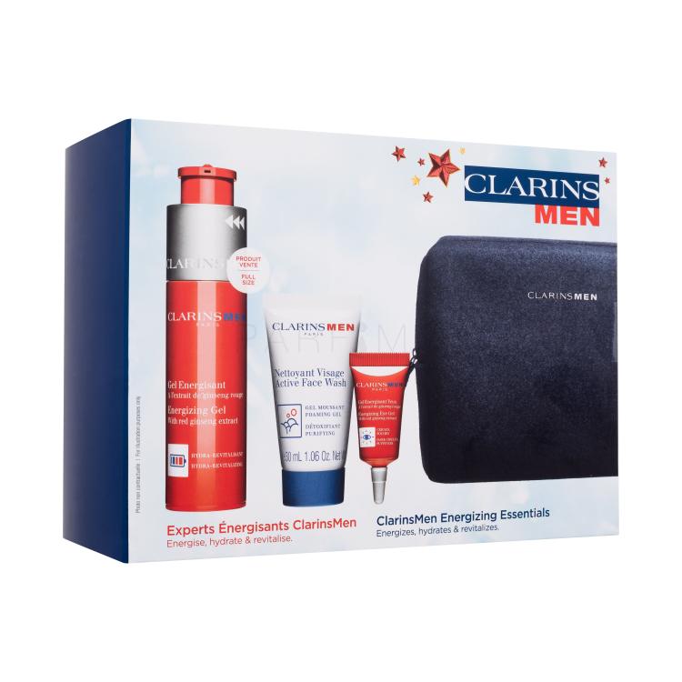 Clarins Men Energizing Essentials Poklon set Energizirajući gel 50 ml + Active Face Wash 30 ml + Energizirajući gel za oči 3 ml + Double Serum Light 0,9 ml + plava kozmetička torbica